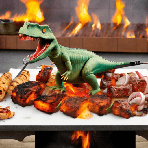AI generated: dinosaur cooking, rotating skewer, flintstones have a bbq
