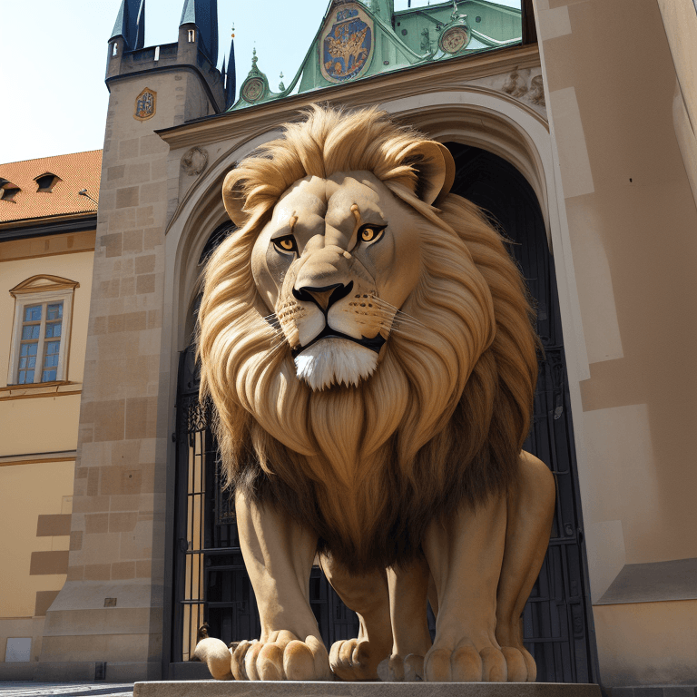 AI generated: Big lion entering the main gate of Prague Castle