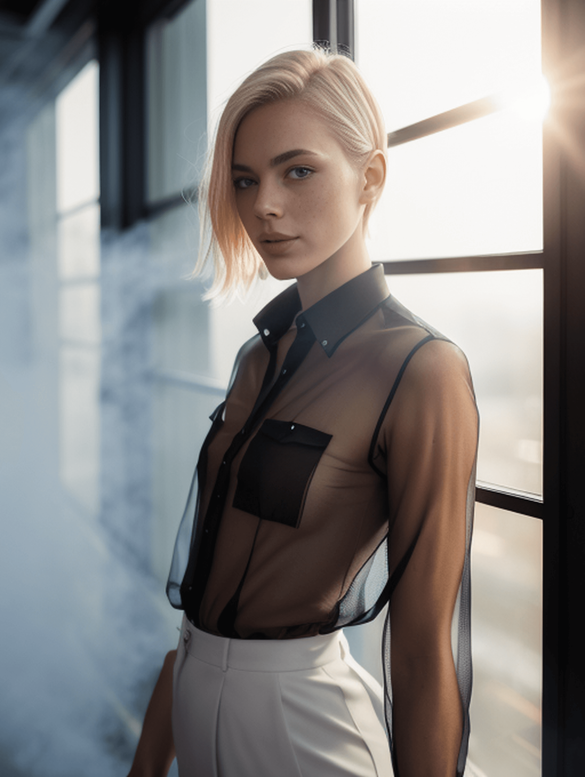 AI generated: portrait of beautiful woman, ((25 years old)), androgenous face, short messy platinum hair, freckles...