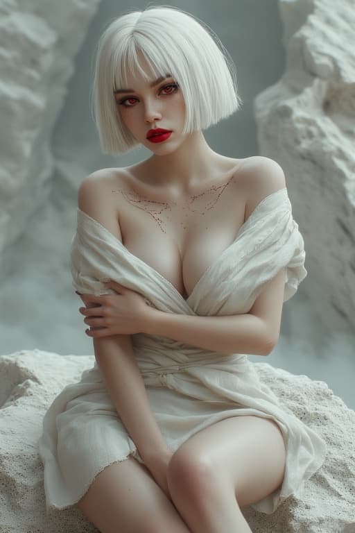 AI generated: A beautiful woman with striking white bob hair and vibrant red eyes, wearing a sheer, off-white drap...