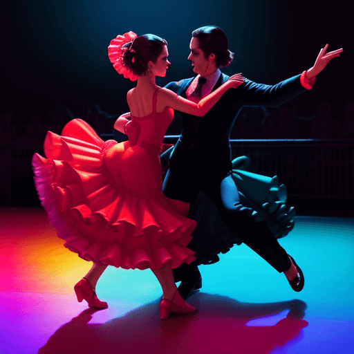 AI generated: Couple cats dancing flamenco passionately in a dance floor, photo-realistic, vivid saturated neon co...