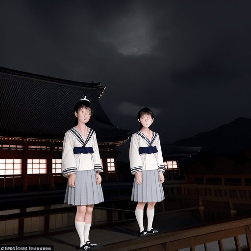 AI generated: On a dark and windy night, two handsome young men wearing sailor suits stood on the roof of Todaiji ...