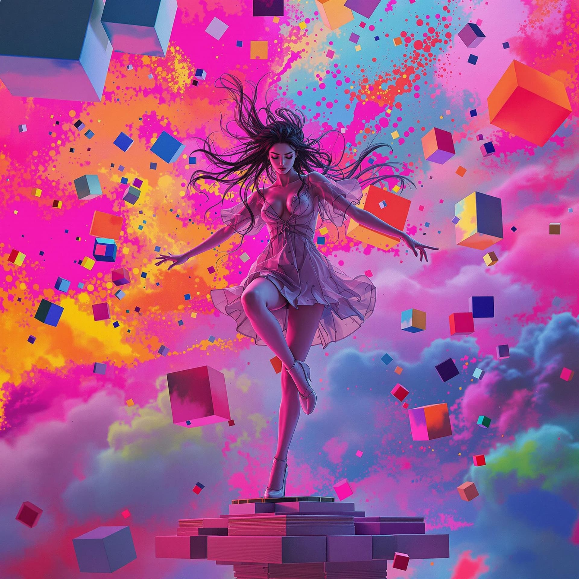 AI generated: minimalistic electro music album cover, perfect cubes, hyper detailsabstract dancing girl, colorful,...