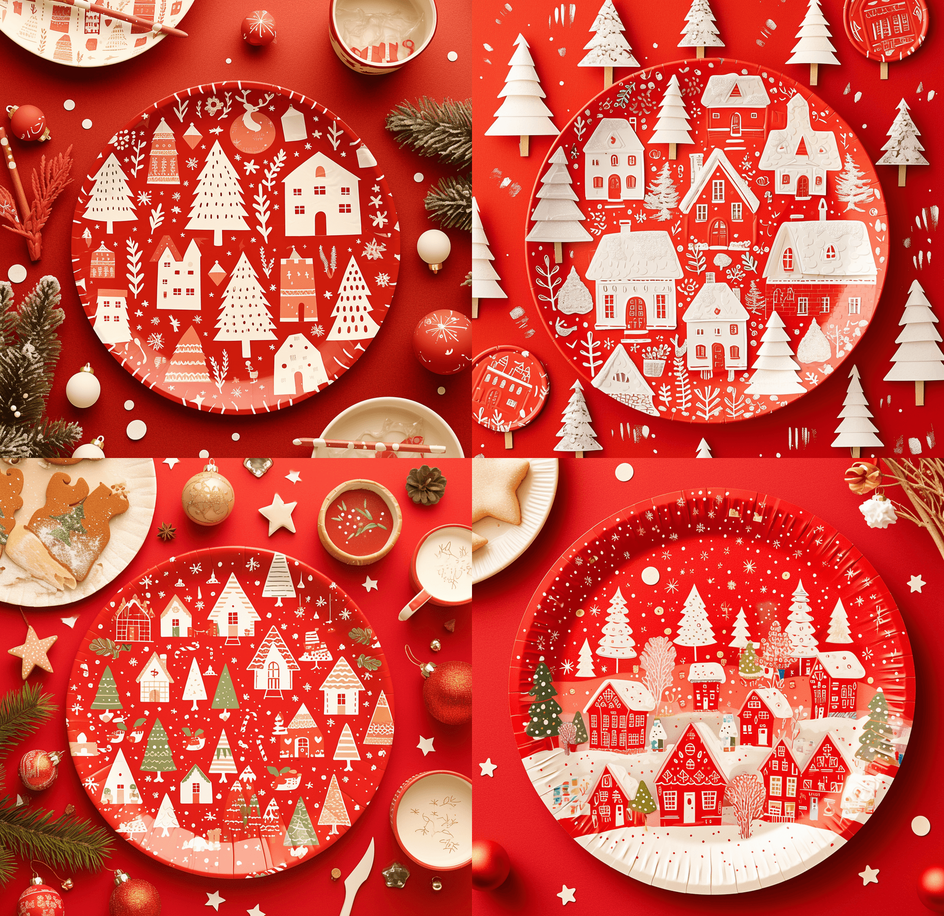 AI generated: red paper plate with white Christmas themed houses and trees pattern, sticker sheet, with a photo re...