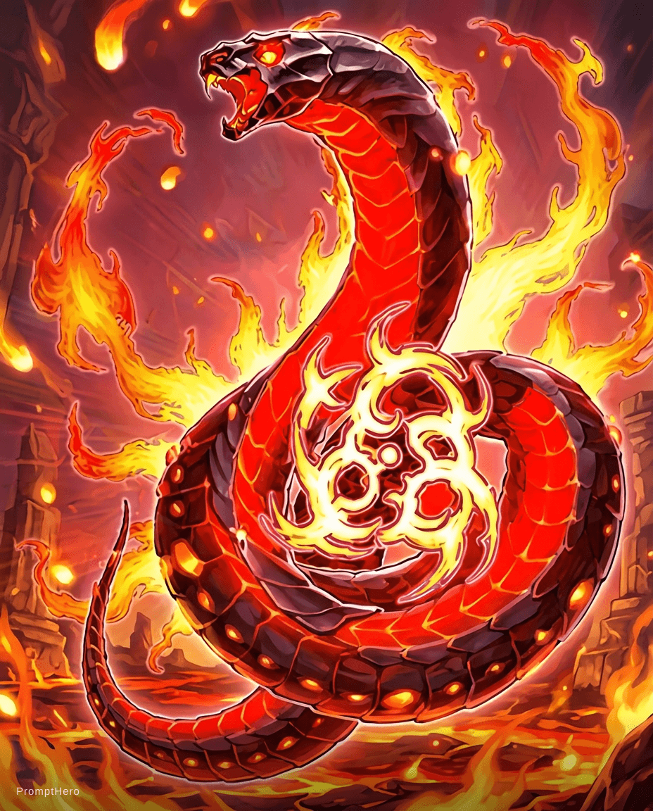 AI generated: 合理精细化和高清化并缩小该图片1，根据现有的图片元素拓宽边界。构想让图中的火蛇怪兽的场景完整存在于图片里，保持特效，记住不要再增减任何新的东西和肢体。保持画风笔触一致地模糊，游戏王怪异风格，构图比例4...