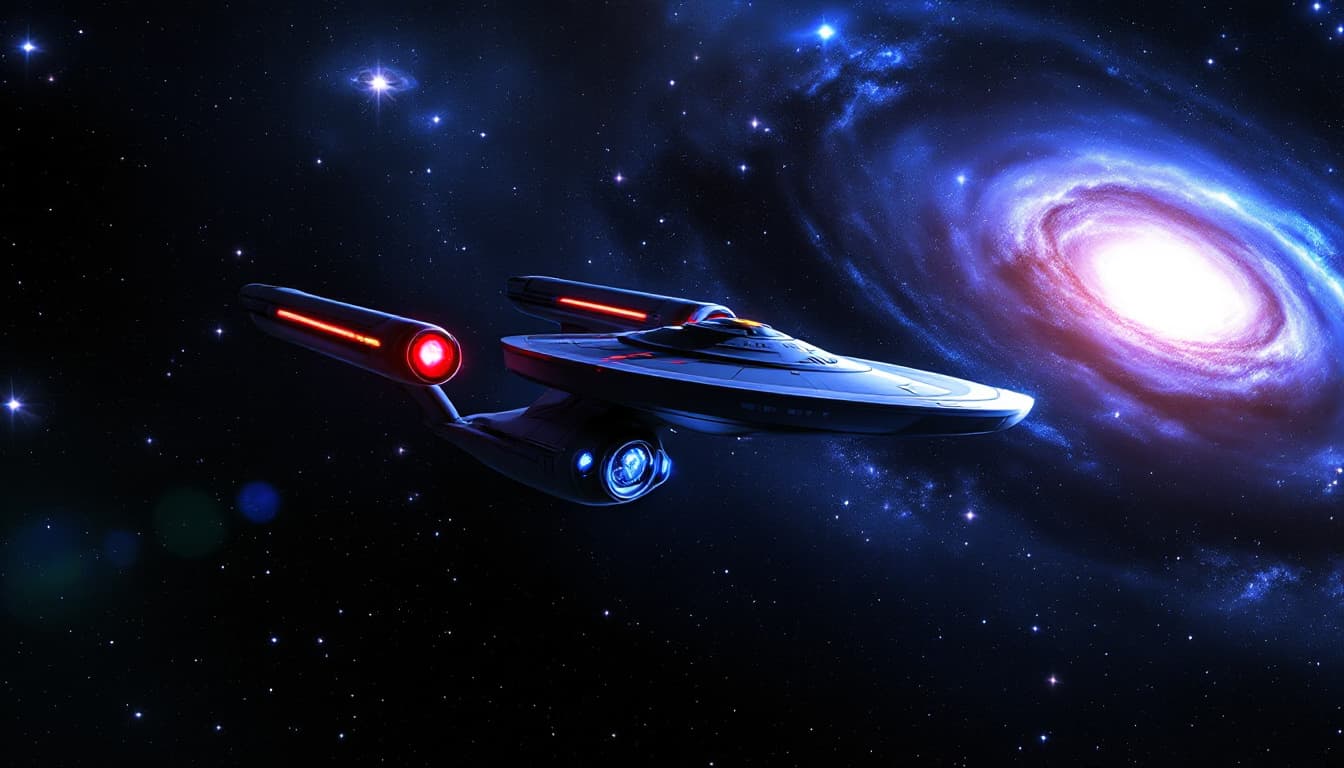 AI generated: enterprise ncc-1701D twin engine starship in starry space against background of Andromeda Galaxy, ph...