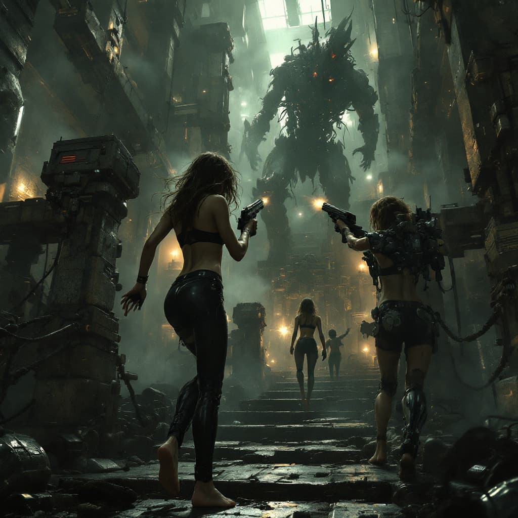 AI generated: The building is a maze of death, full of traps and monsters. Two girls, black bra, leather black pan...