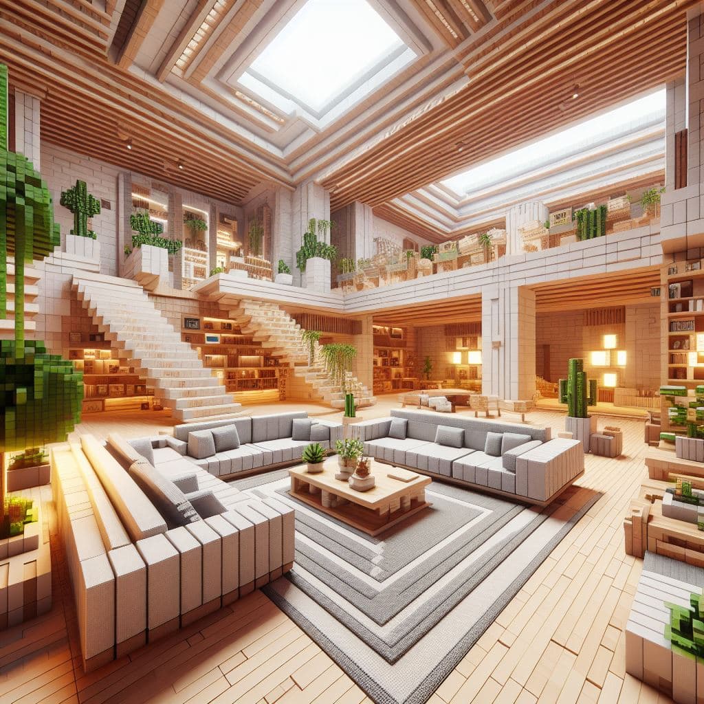 AI generated: interior of a modern house decorated with 3d minecraft blocks
