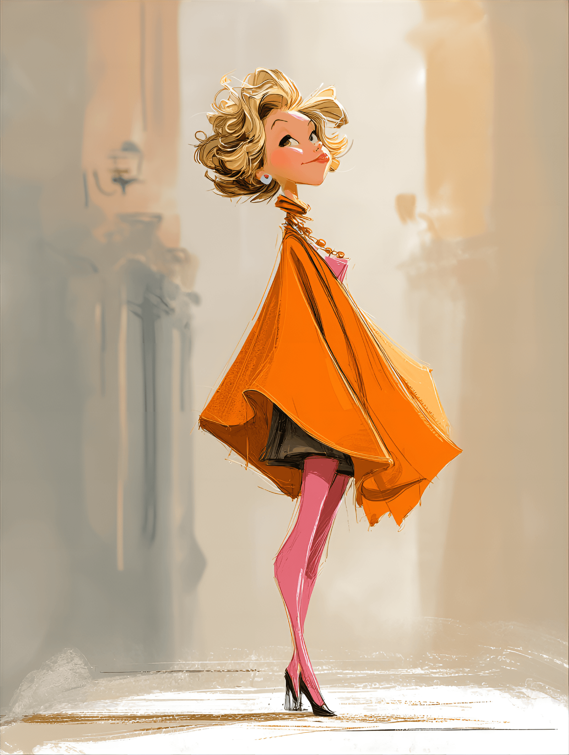 AI generated: funny caricature, cartoonish figure caricature, young caucasian female, 28 years old, slender, pink ...