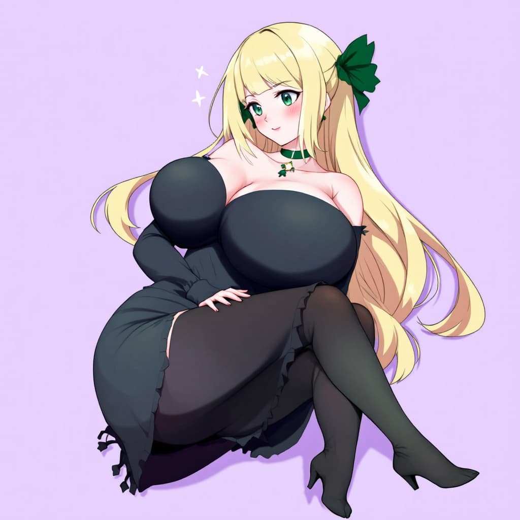 AI generated: ,1girl, solo, yellow hair, green eyes, two side up, green ribbon, clover hair ornament,huge breasts,...