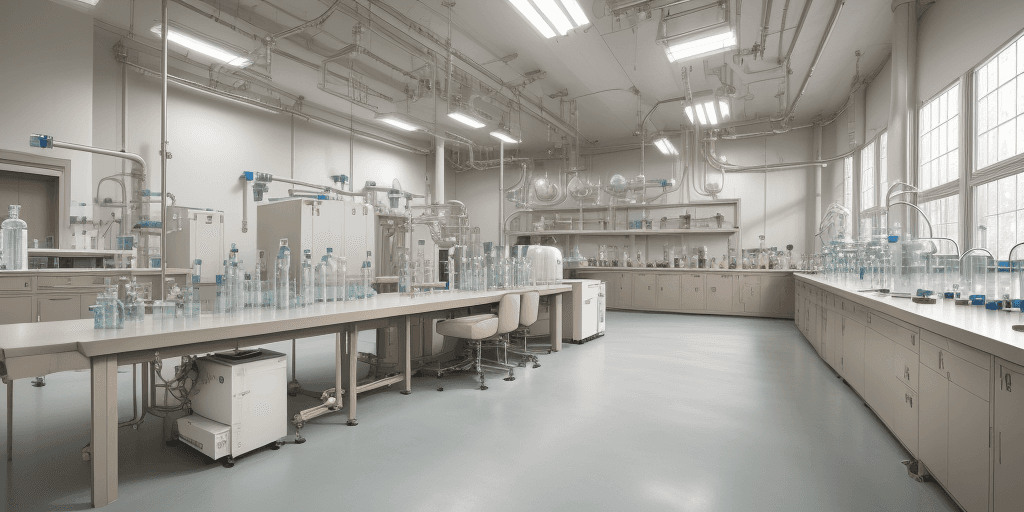 AI generated: High resolution photograph of a panoramic chemical laboratory in neutral colors