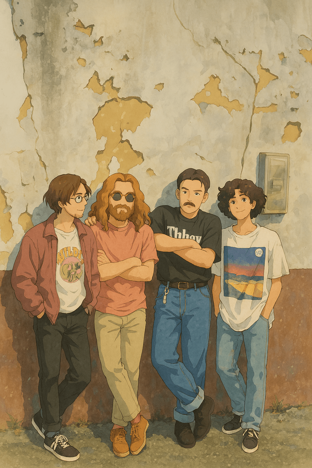 AI generated: A group of four young men casually hanging out against a weathered, cracked wall with peeling paint....