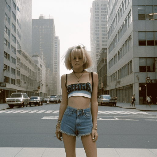 AI generated: Street style photo of a grunge style woman in the streets of 1990 Manhattan standing in front of a s...