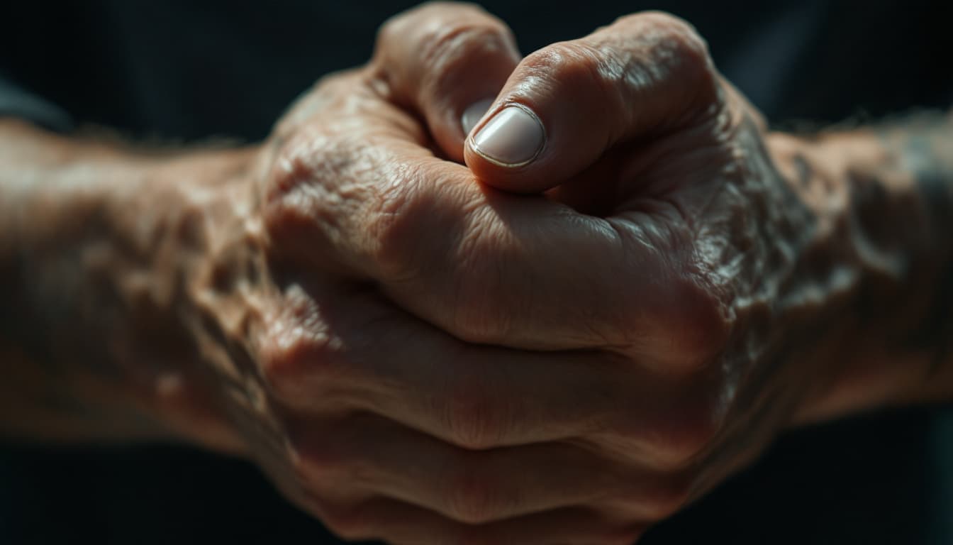 AI generated: hyper realistic Shot. insert Shot: Close-up of his clasped hands, knuckles white with tension.Shot: 