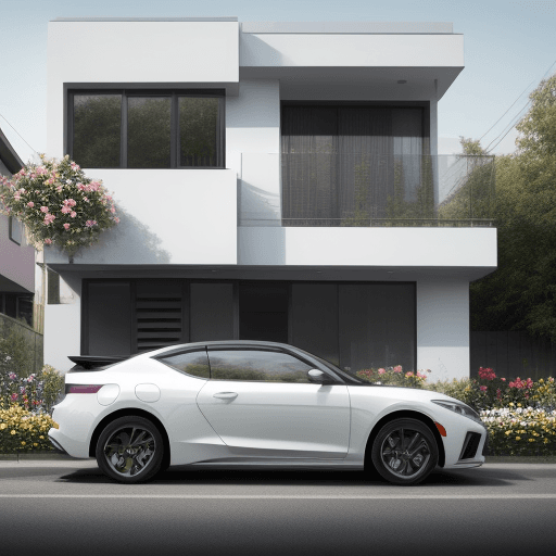 AI generated: a modern house with a modern car in a street with many flowers