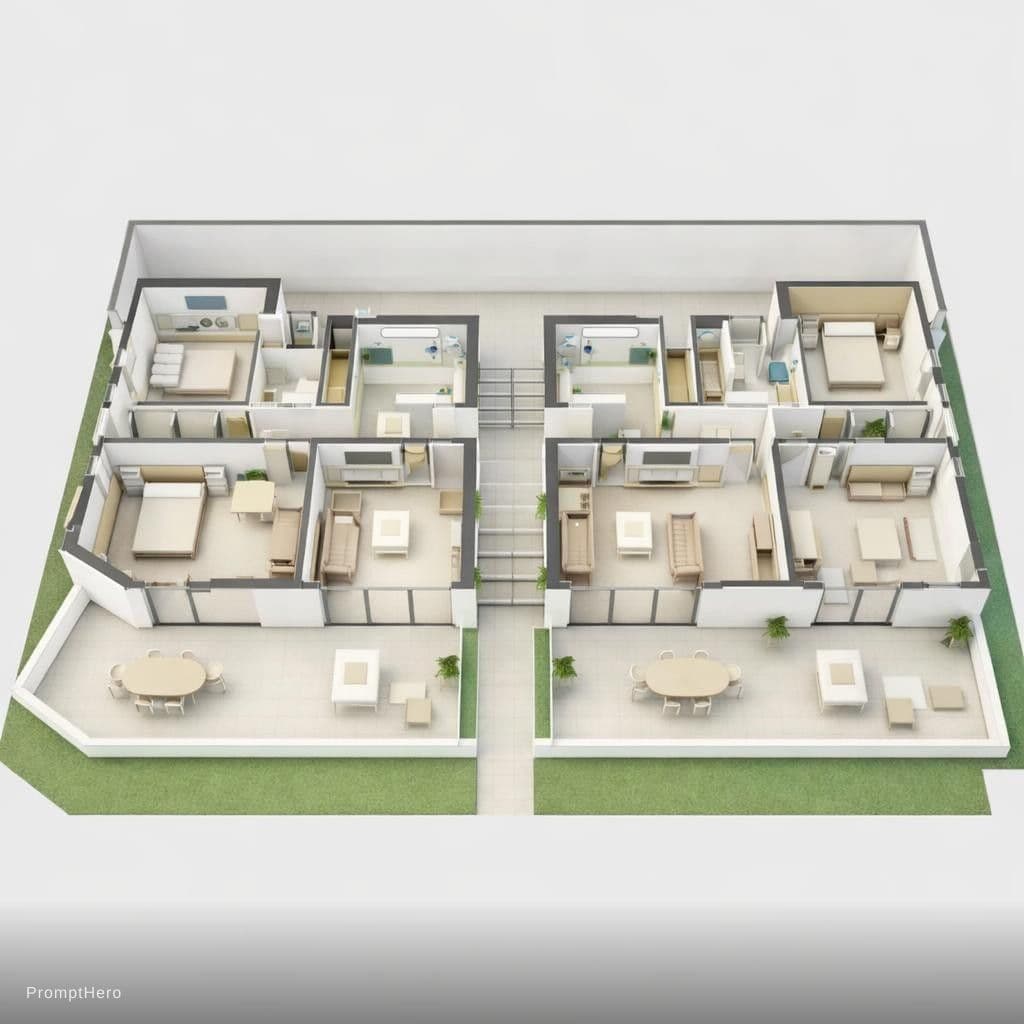 AI generated: create a 3d floor plan layout from the uploaded 1d floor plan. Don't change geometry and dimensions....
