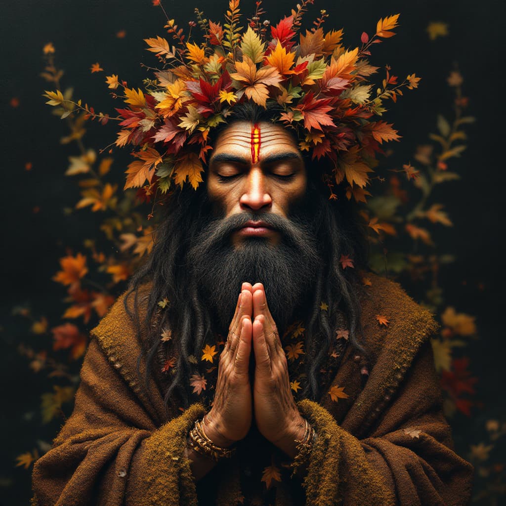 AI generated: full body Lord Hanuman with masculine face made out of autumnal foliage and plants, money, with eyes...