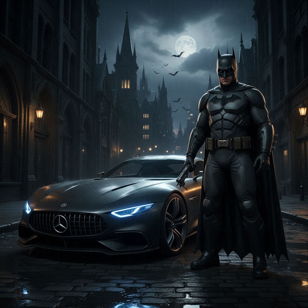 AI generated: Batman
with a Mercedes Benz
in the night 