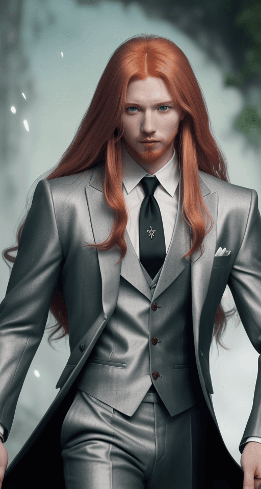 AI generated: A male mage with long strawberry blonde hair, green eyes, dressed in a sophisticated dark silver thr...