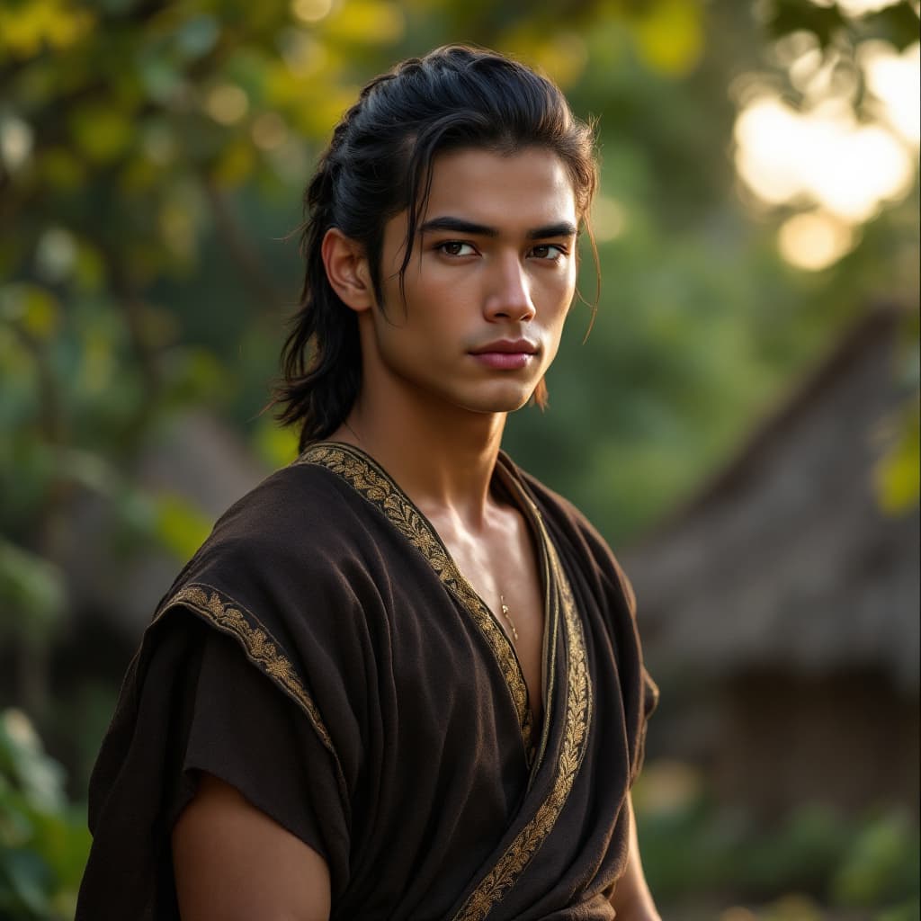 AI generated: A handsome young man from Javanese tribe with a firm but gentle face, wearing simple village clothes...