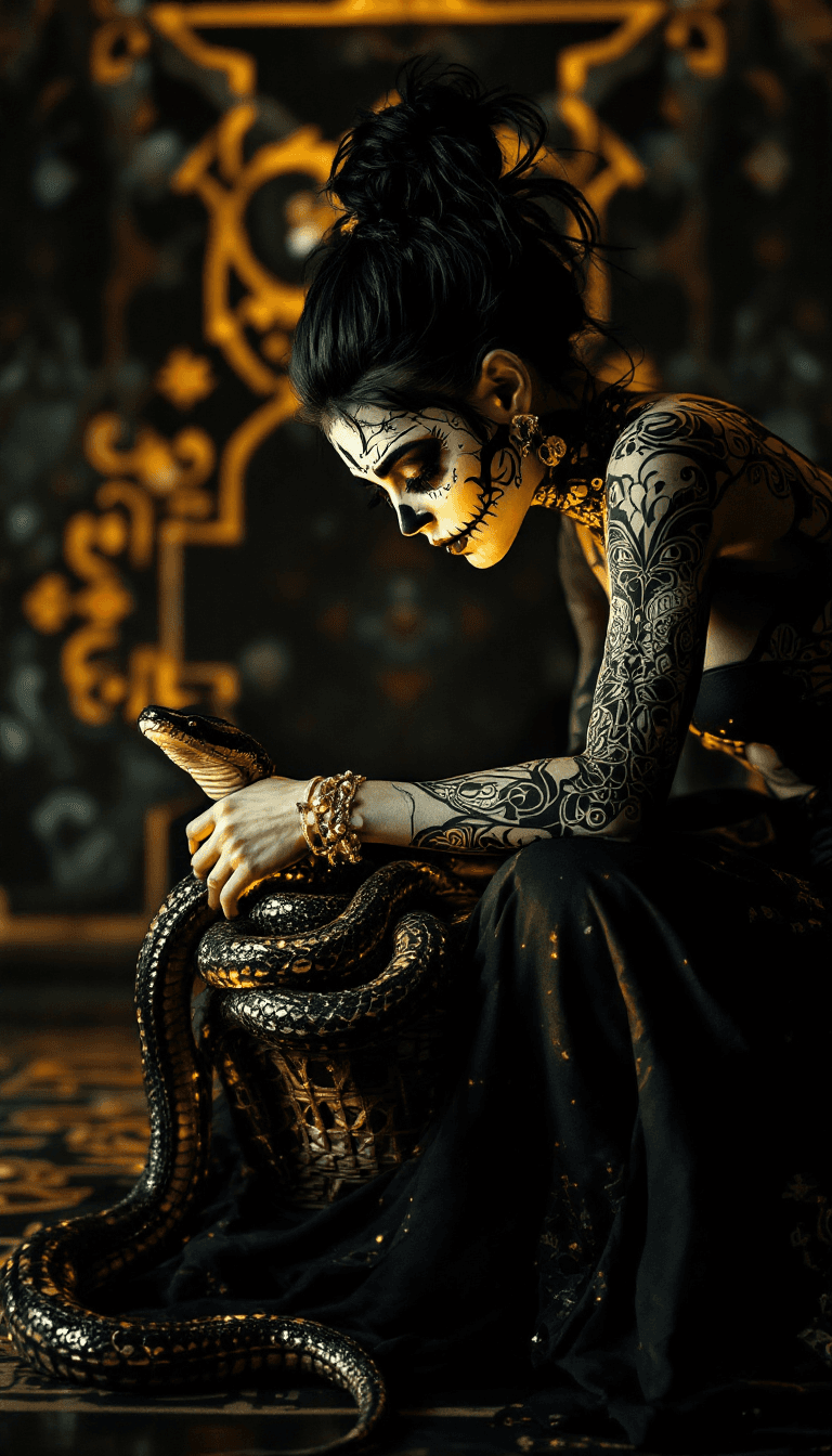 AI generated: Closeup of the intricate detailed Design of a face painted slightly smiling albino scandinavian Woma...