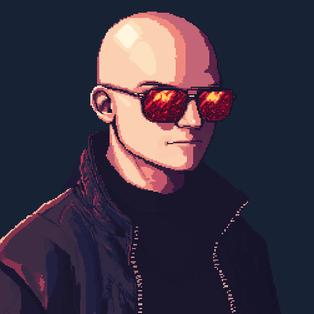 AI generated: 8-bit pixel art of A young bald man with red-tinted glasses