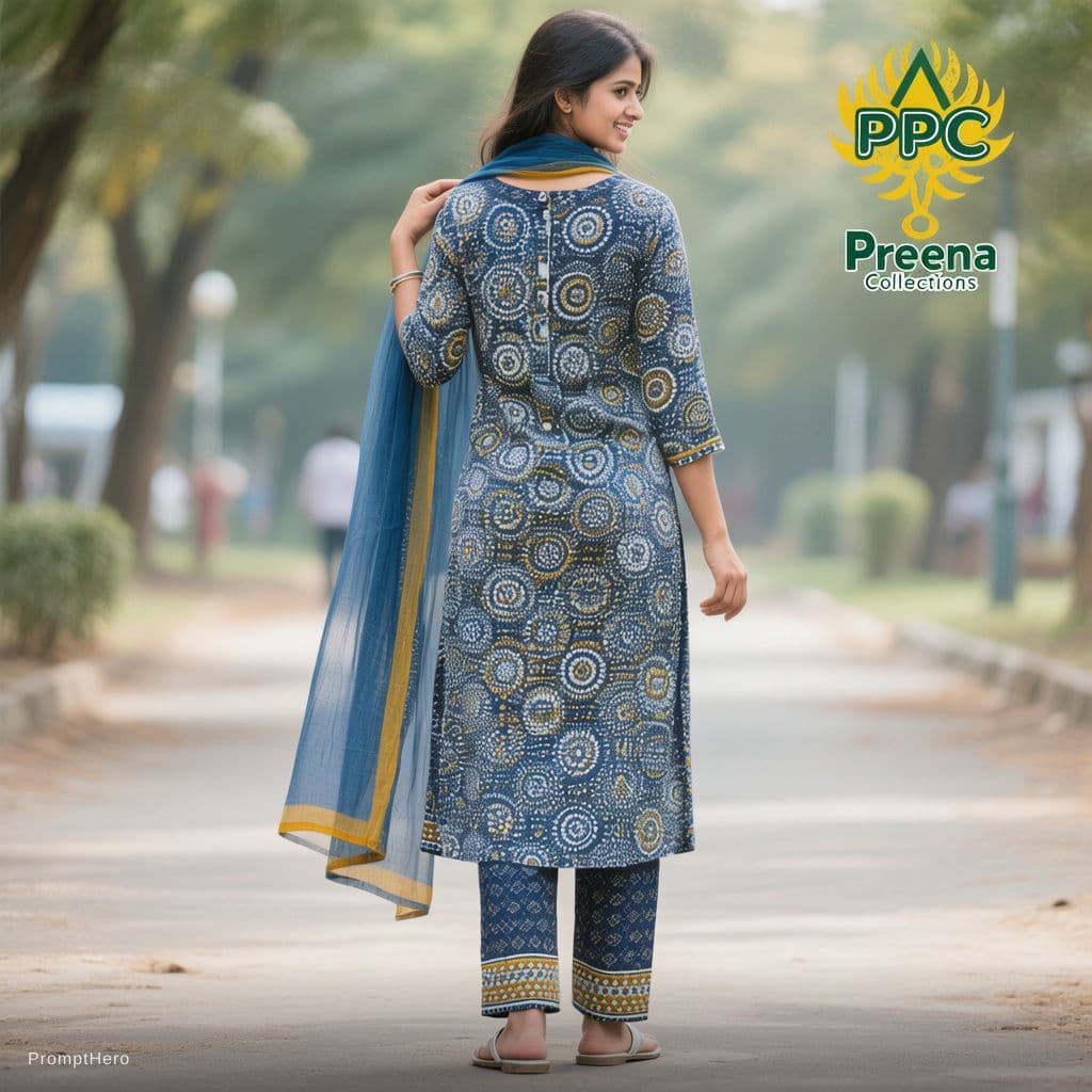 AI generated: A full-length photograph of a South Asian woman backside standing on an outdoor paved pathway with a...