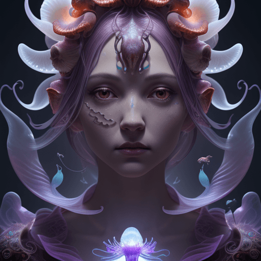 AI generated: Goddess close-up portrait ribcagel. jellyfish phoenix head, nautilus, orchid, skull, betta fish, bio...