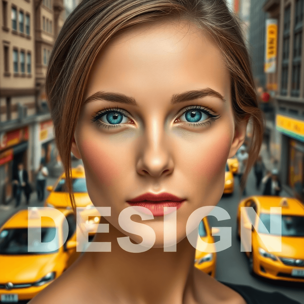 AI generated: A woman with light brown hair and blue eyes, in a mid-height close-up view. Her face is the central ...