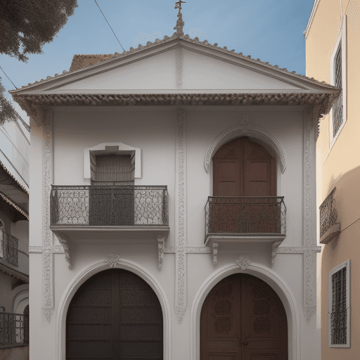 AI generated: Hyper realistic eye level exterior photo of a house in old vilage, fachada, primeiro piso com duas p...