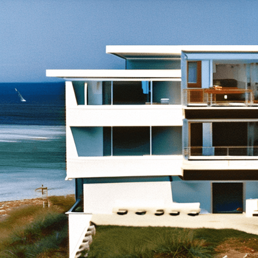 AI generated: Hyper realistic eye level exterior photo of a mid century modern style house overlooking the ocean, ...