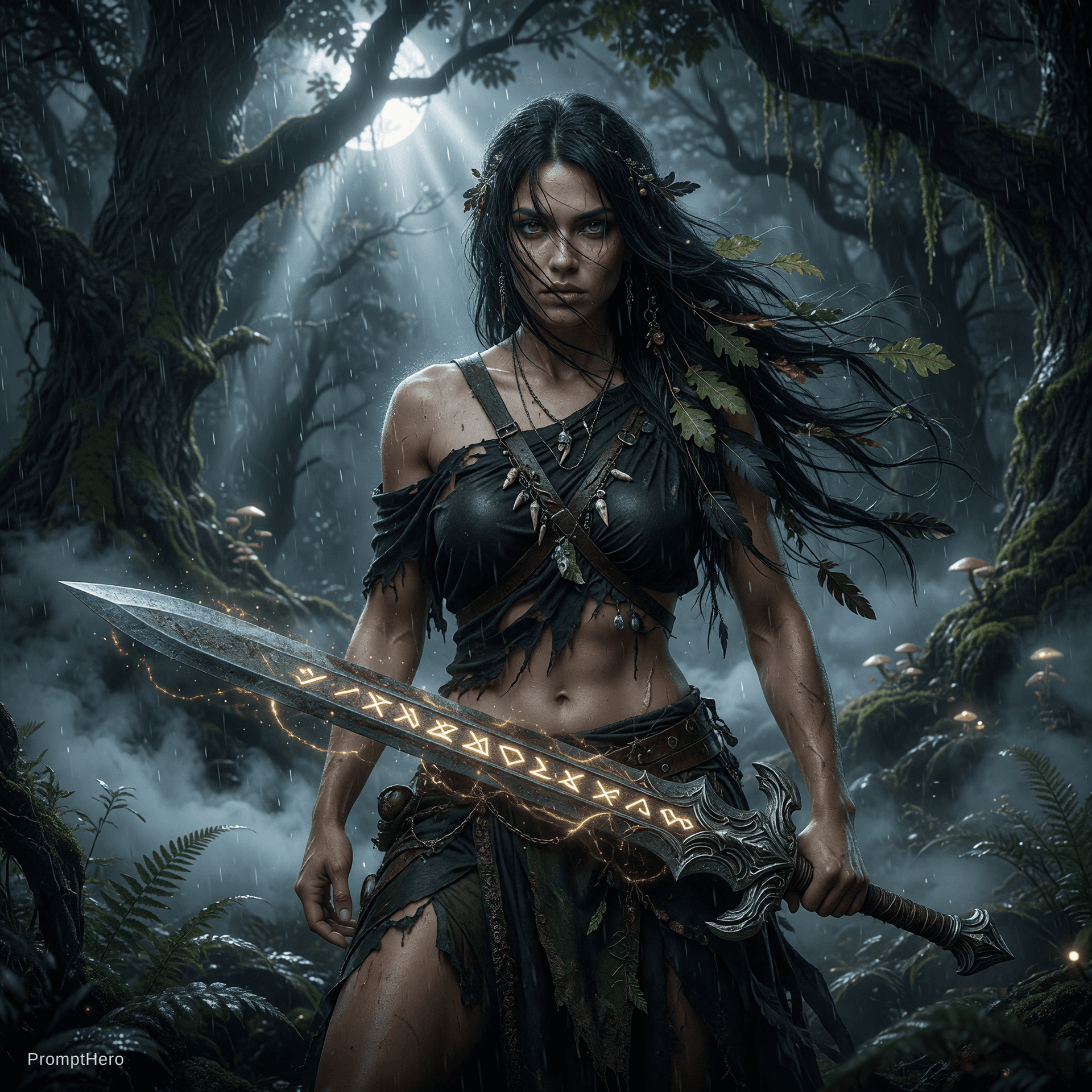 AI generated: Une femme guerrière d’un réalisme saisissant, à la beauté mystérieuse et sauvage. Elle se tient au c...