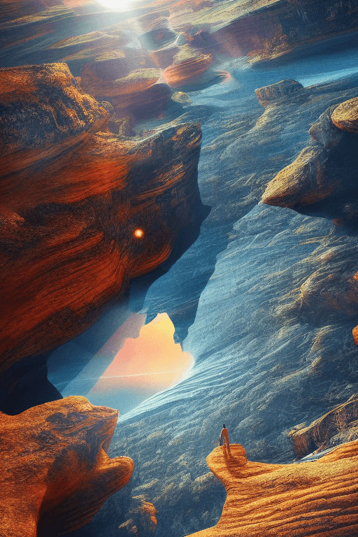 AI generated: An image of a solitary person stands on the edge of a reflective water body in the center of a sci-f...
