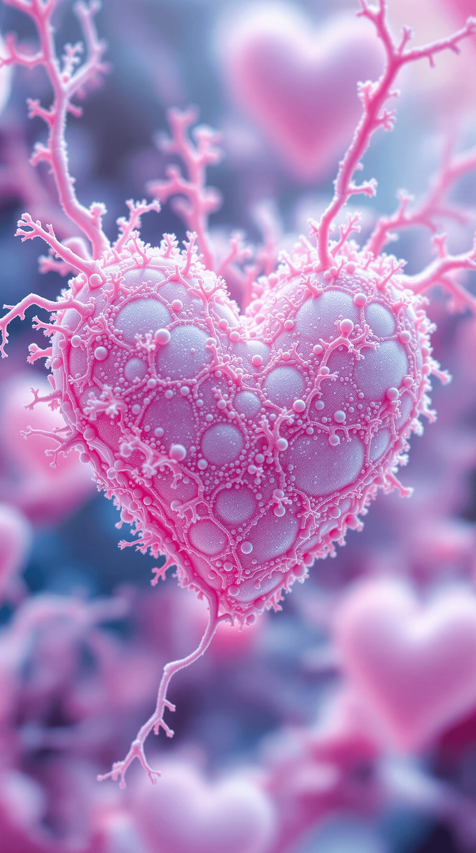 AI generated: A surreal and ultra-detailed close-up of a heart-shaped organic structure, resembling a microscopic ...