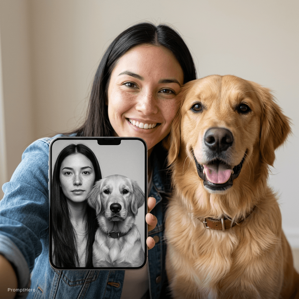 AI generated: black and white hyper-realistic portrait of a woman and her dog side by side, both facing the camera...