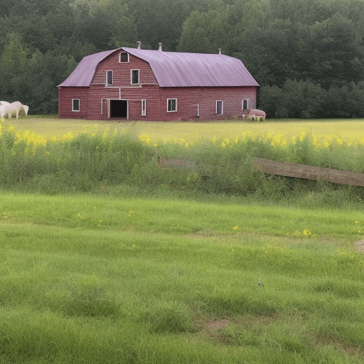 AI generated: A serene and rustic old farm house sits at the end of a long dirt road, surrounded by rolling hills ...