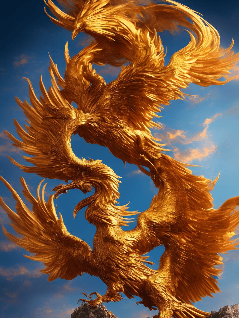 AI generated: A majestic phoenix with vibrant plumage, its fiery wings spread wide, golden feathers illuminating a...