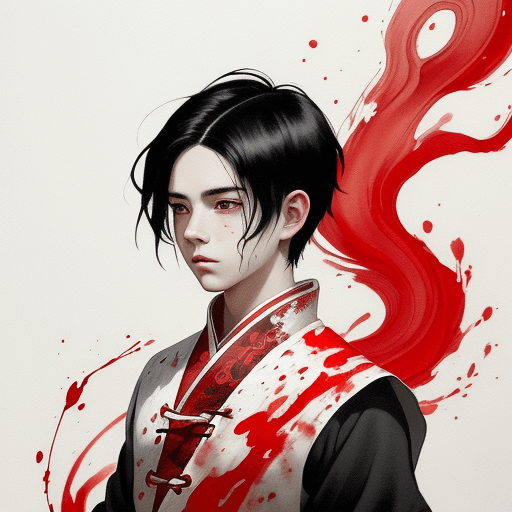 AI generated: a painting of a boy in red with black hair, in the style of delicate ink washes, epic fantasy scenes...