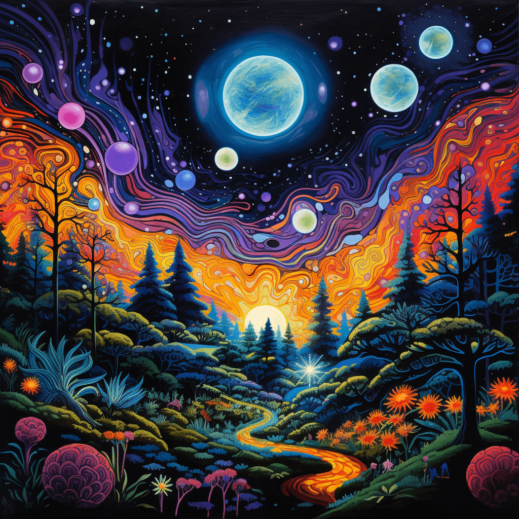 AI generated: Black light poster with heliocentric theme, cosmic spirals in vibrant colors, forest with glowing fl...