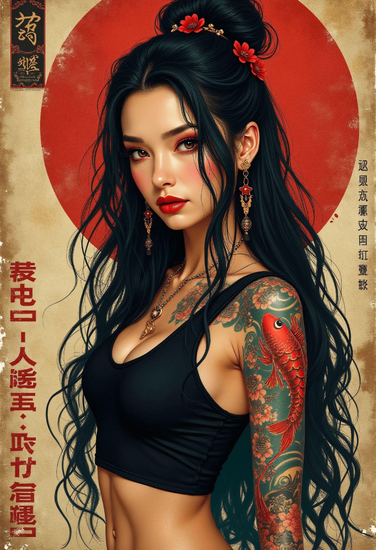 AI generated: Vintage urban Asian art portrait, distressed poster style, long flowing black hair with loose messy ...