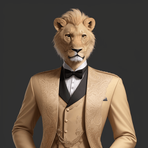 AI generated: foto de un leon, con traje elegante, primer plano, HQ, 8K --ar 2:3