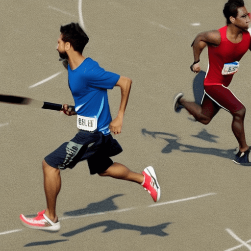 AI generated: A guy is running down a running track, and another guy is running after him, holding a spear.