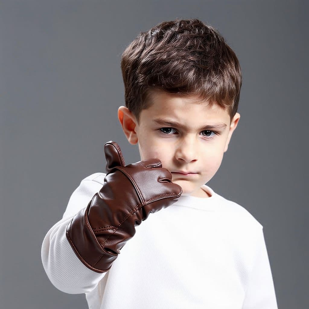 AI generated: a boy dressed in a leather gloves; hand expression