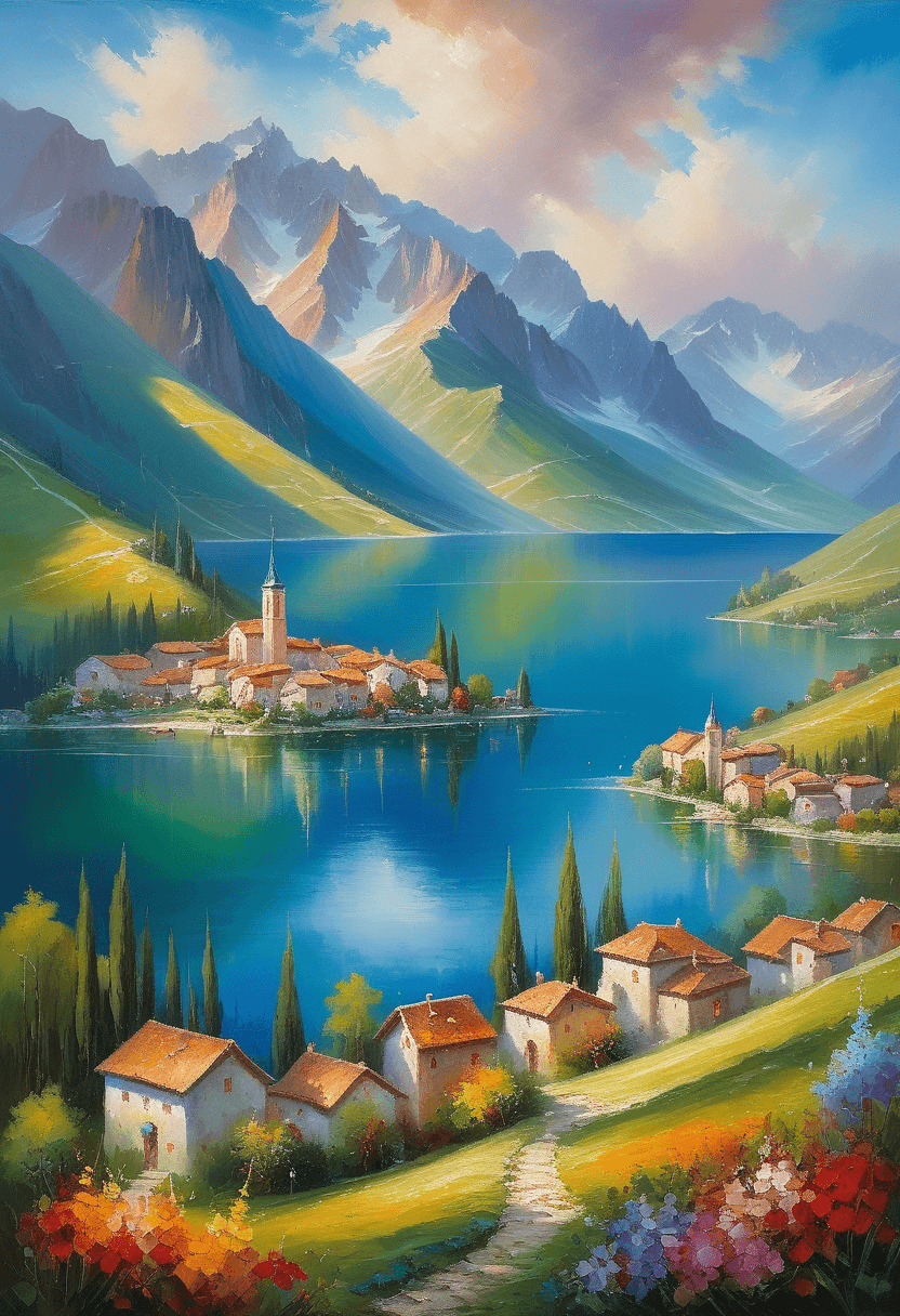 AI generated: Oil painting, landscape of a (magnificent mountain lake, flanked with picturesque village, masterpie...
