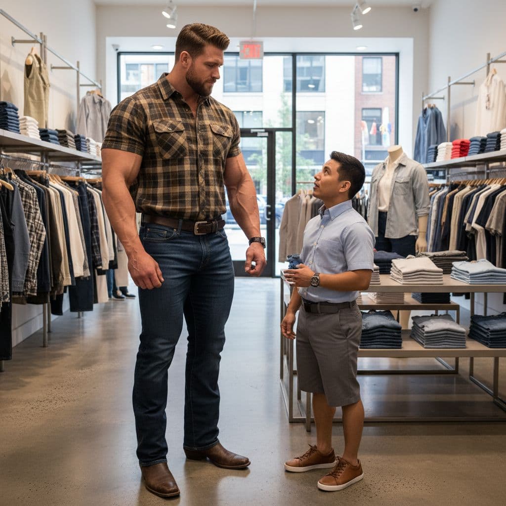AI generated: Inside a clothing store. A bodybuilder is 6'4" tall, he has huge muscular shoulders, and huge muscul...