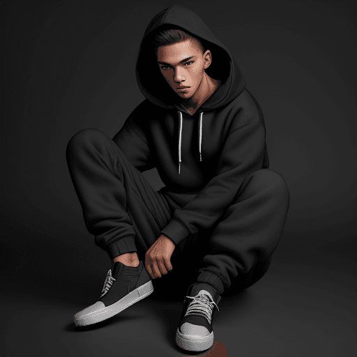 AI generated: capturing a model, man wearing basic hoodie, matte black, dark grey cargo jogger pant, skate shoes, ...