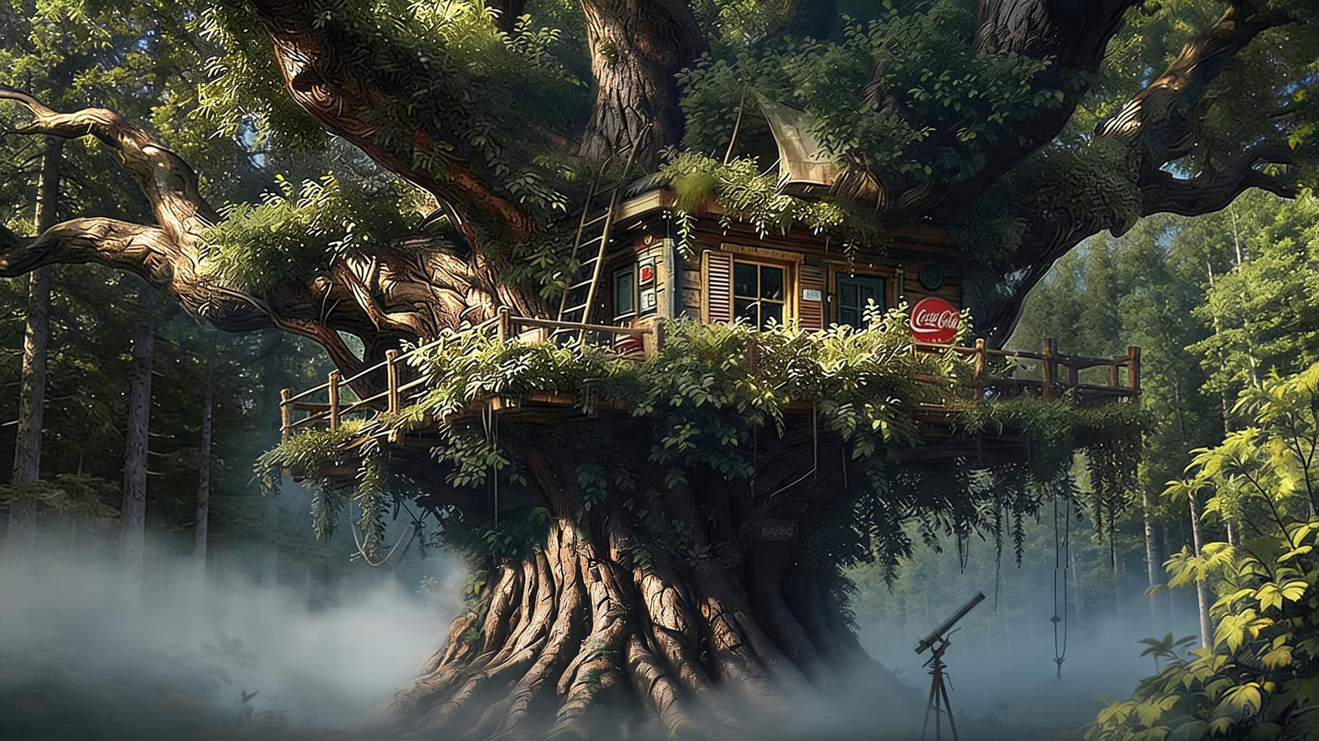 AI generated: Make the bark of the tree more realistic and detailed. Add more fog around the base of the forest ba...