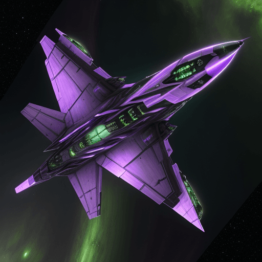 AI generated: sci fi fighter spacecraft, green and violet nebula behind, photorealistic