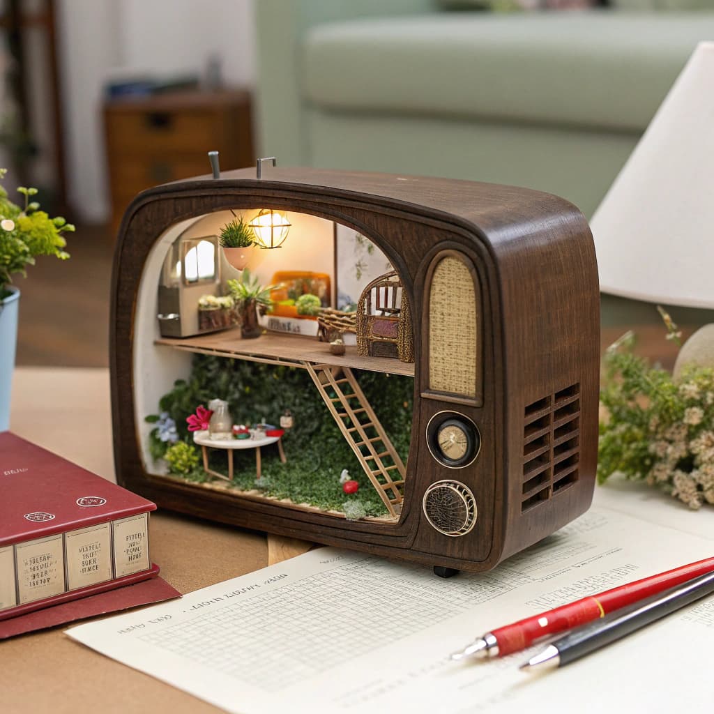 AI generated: A miniature scene radio, inside the radio is a room with stairs and a garden outside the room. There...