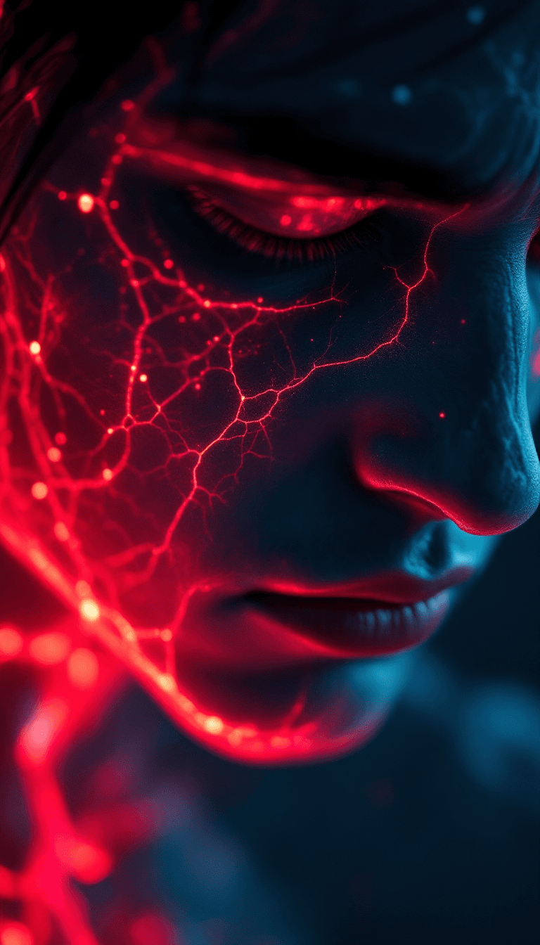 AI generated: Biomasculent,Macroview of a man’s holographic glowing red skin and liquified veins in dark,his depre...